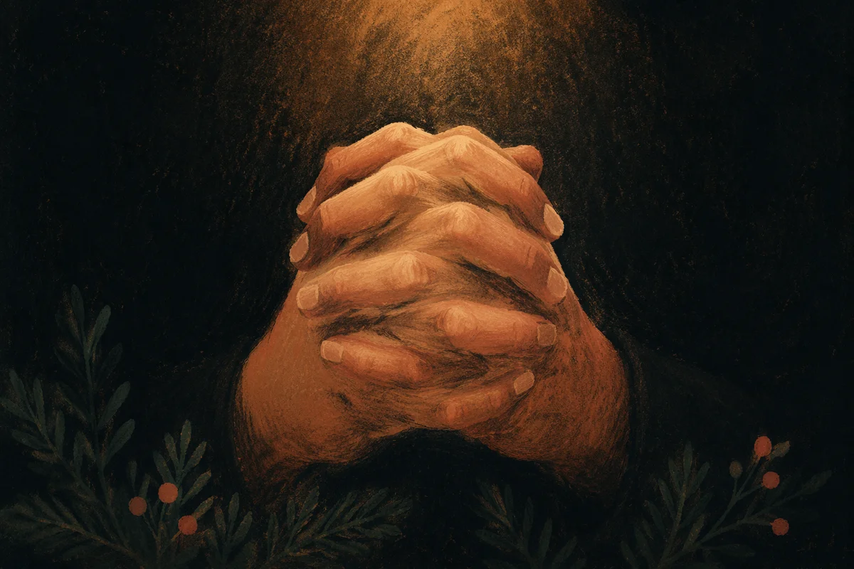 Praying Hands in Soft Evergreen Light
