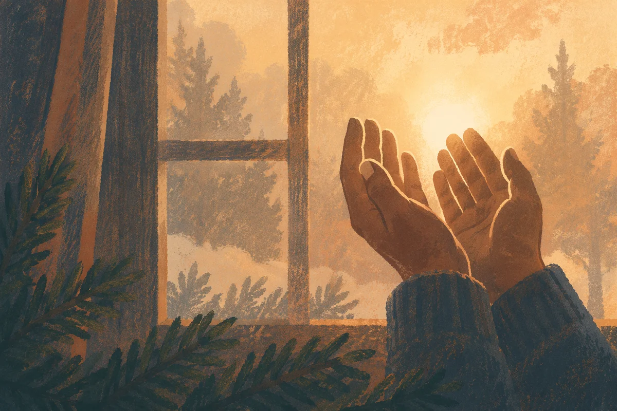 Praying Hands in Golden Evergreen Light