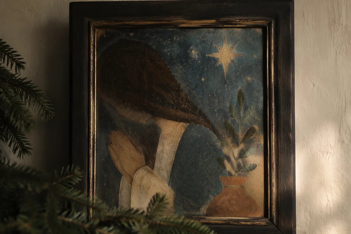 Antique Framed Devotional Picture with Praying Hands
