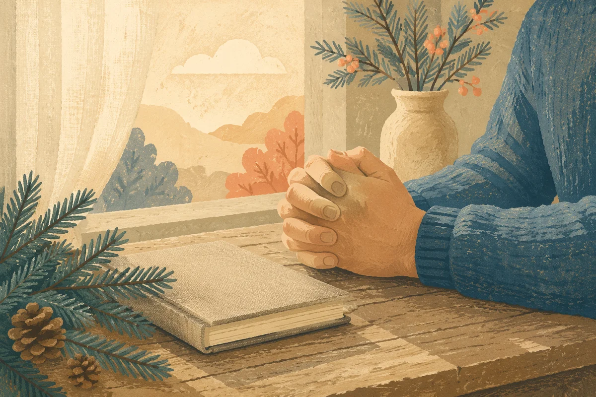 Praying Hands Beside Evergreen Sprigs
