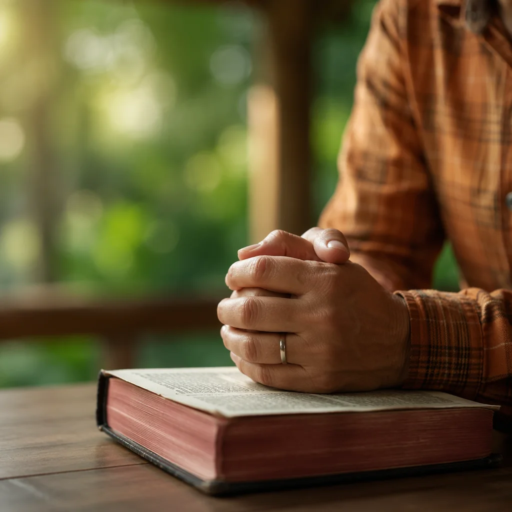 Praying Hands on Worn Book in Soft Light