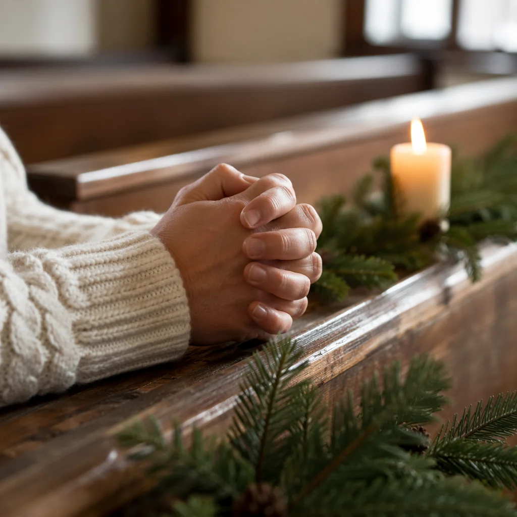 Praying Hands with Evergreen and Candlelight