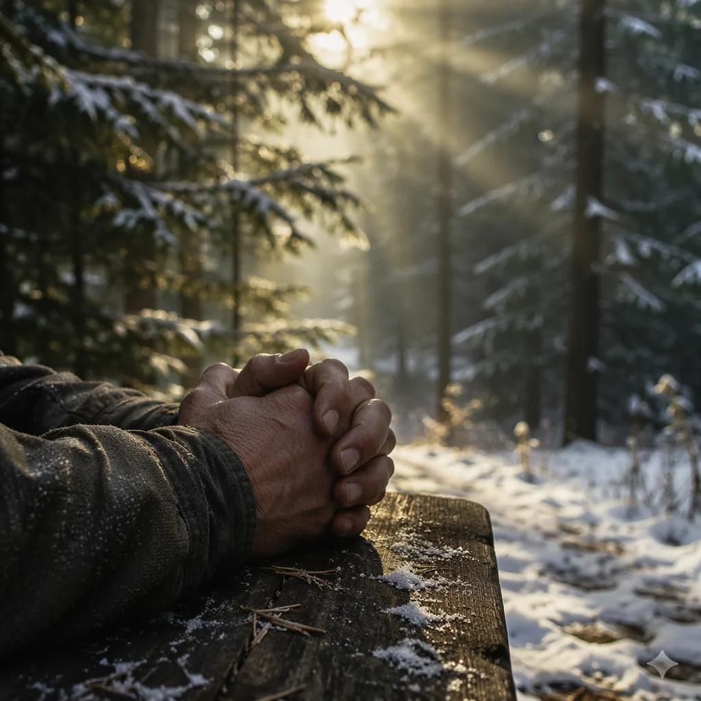 Praying Hands in Soft Evergreen Light