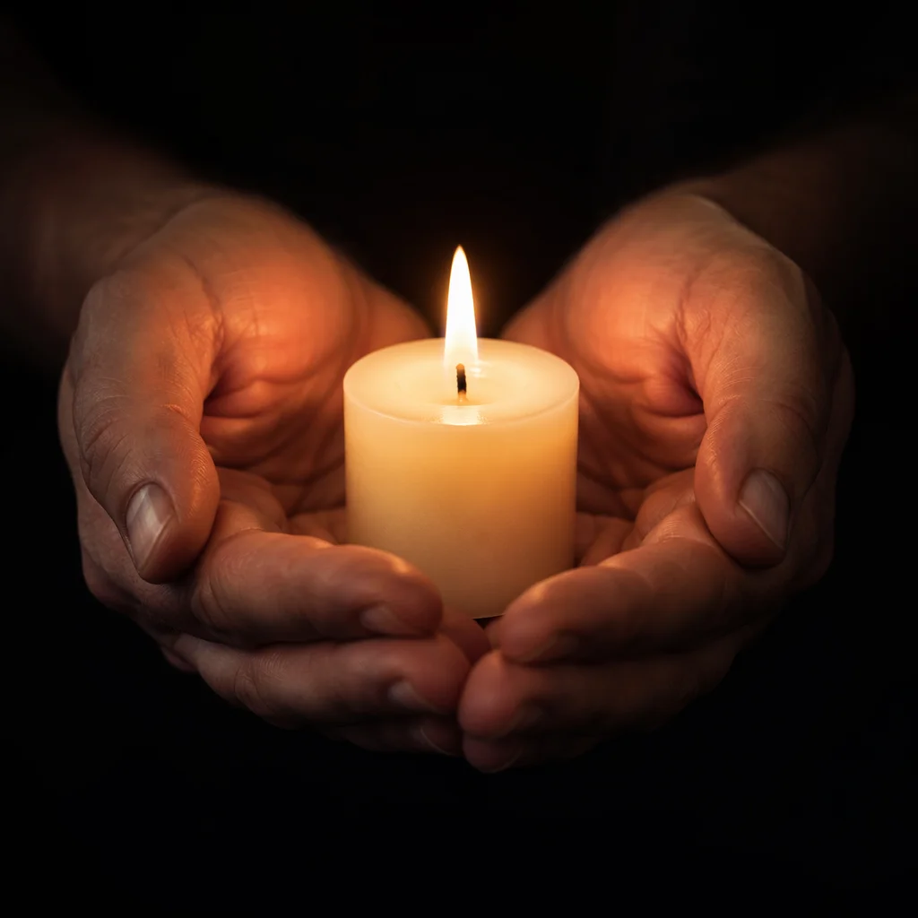 Praying Hands Holding Candlelight in Darkness