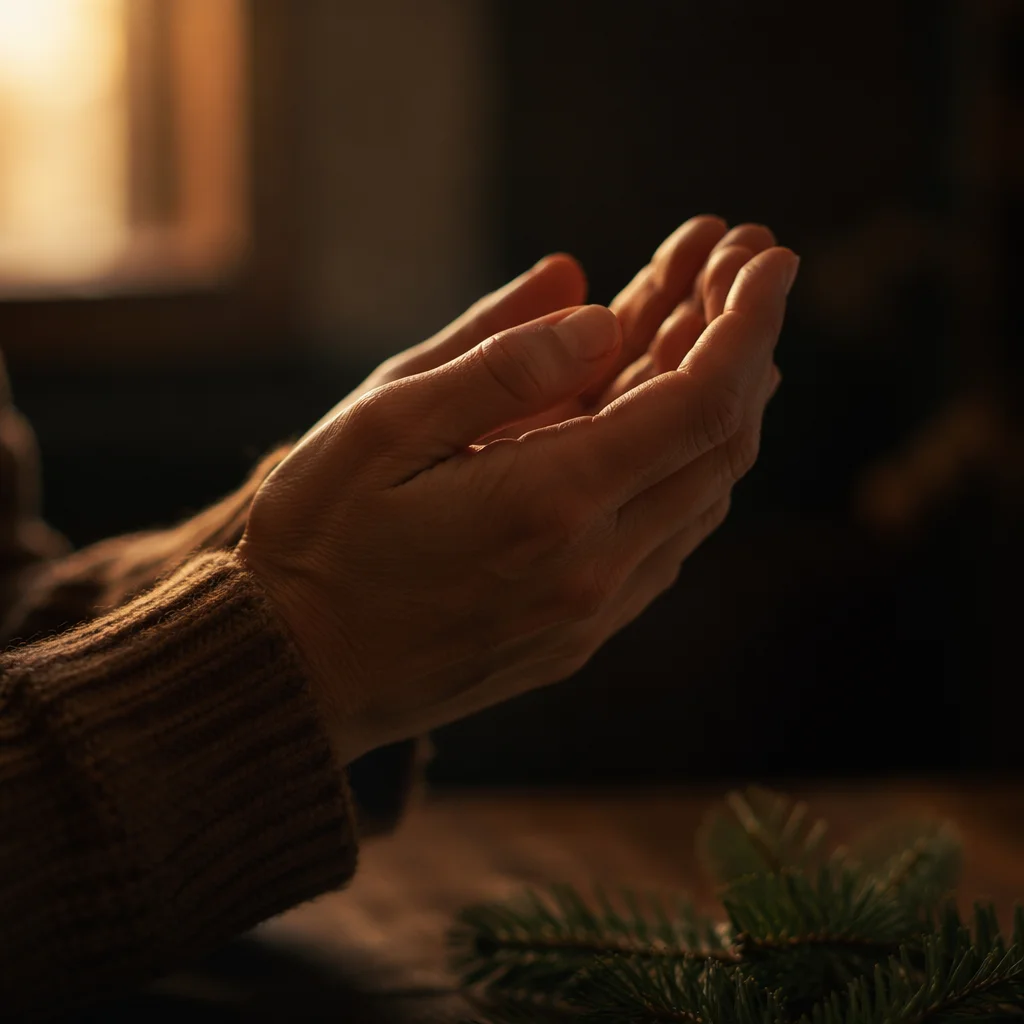 Praying Hands in Warm Evergreen Light