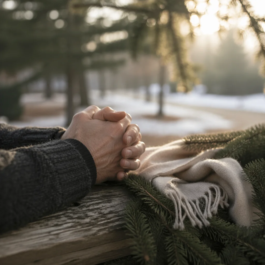 Praying Hands in Soft Evergreen Dawn