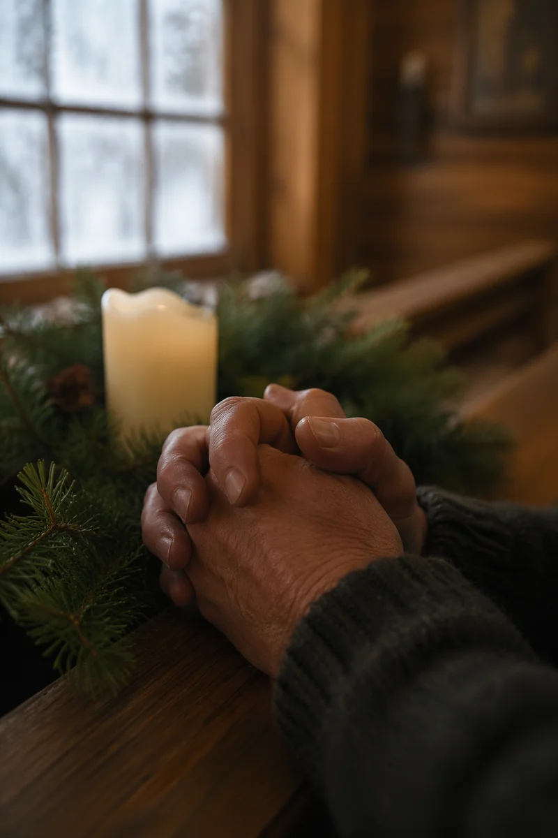 Praying Hands in Rustic Chapel Light