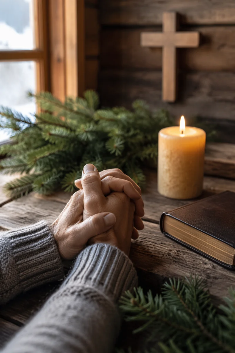 Praying Hands with Evergreen and Candlelight