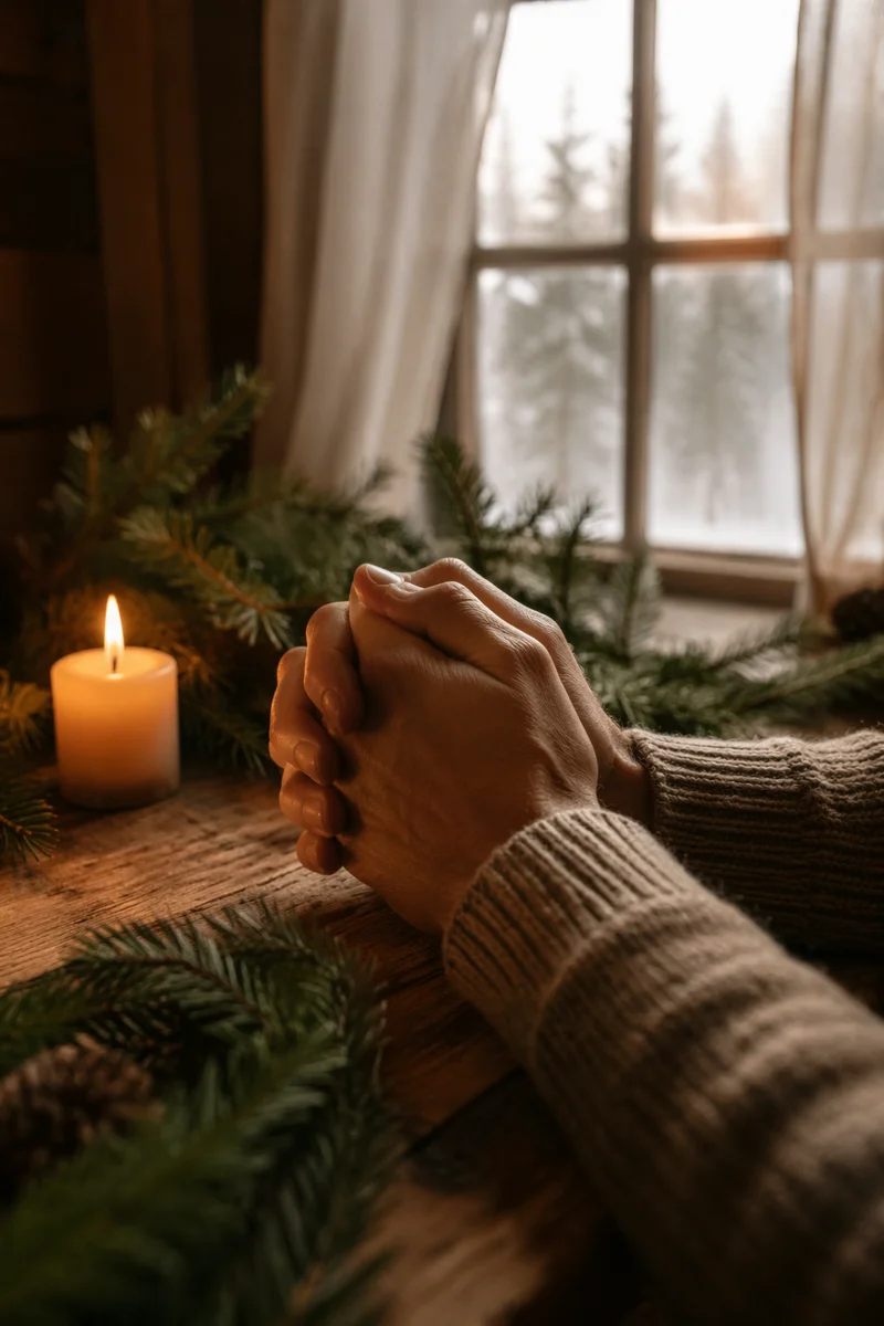 Praying Hands with Evergreen and Candlelight