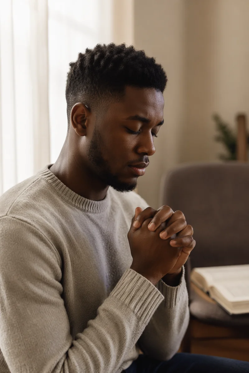 Young Man Praying by Soft Morning Window
