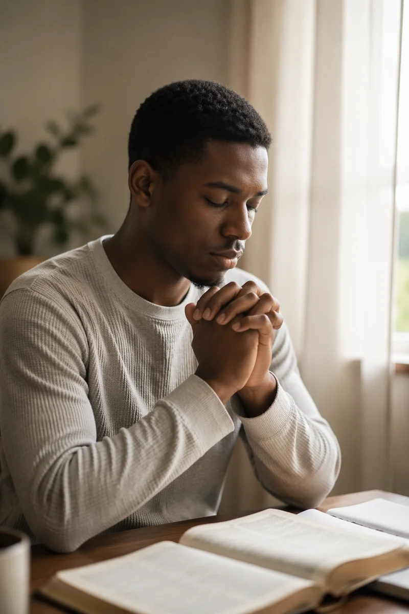 Young Man Praying by Window Light
