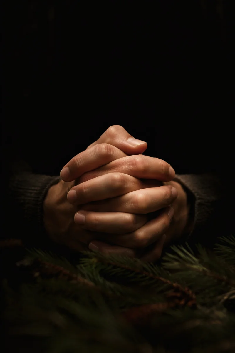 Praying Hands in Soft Evergreen Light