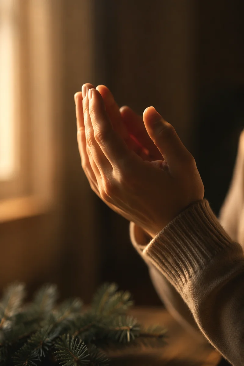 Praying Hands in Warm Evergreen Light