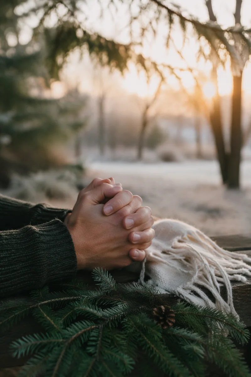 Praying Hands in Soft Evergreen Dawn Light
