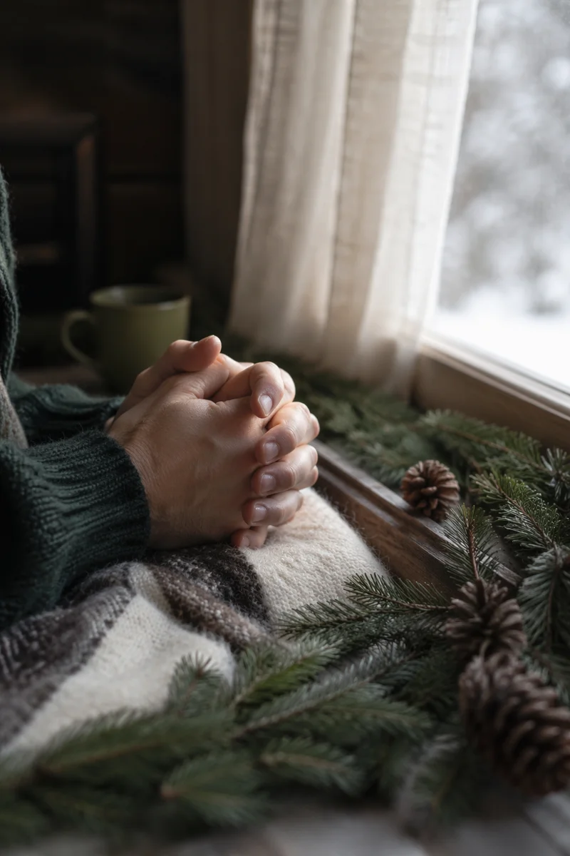 Praying Hands by Winter Evergreen Window