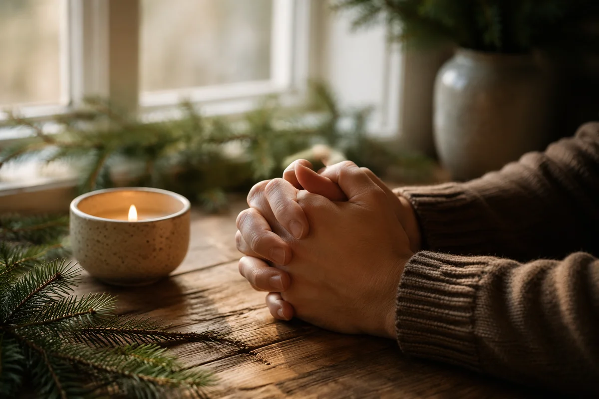 Praying Hands in Soft Evergreen Light