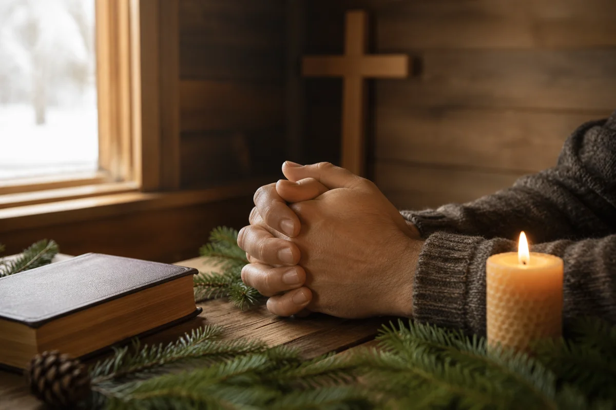 Praying Hands with Evergreen and Candlelight