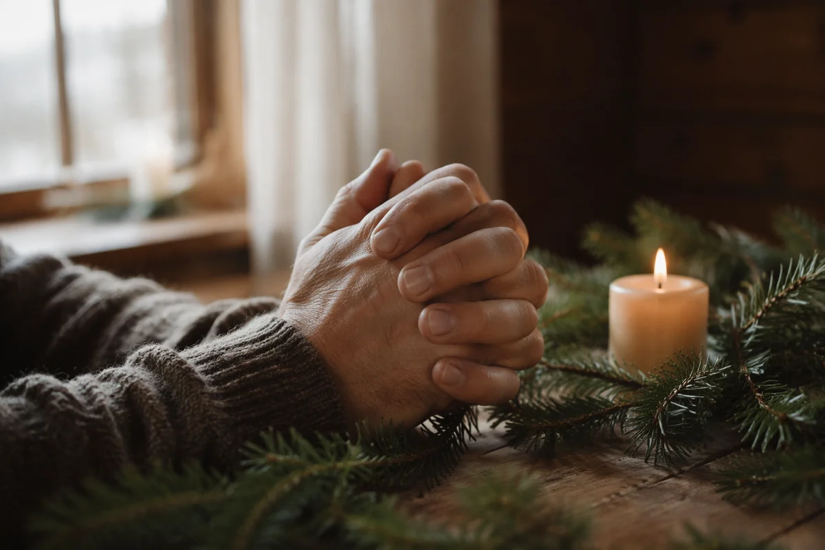 Praying Hands with Evergreen and Candlelight