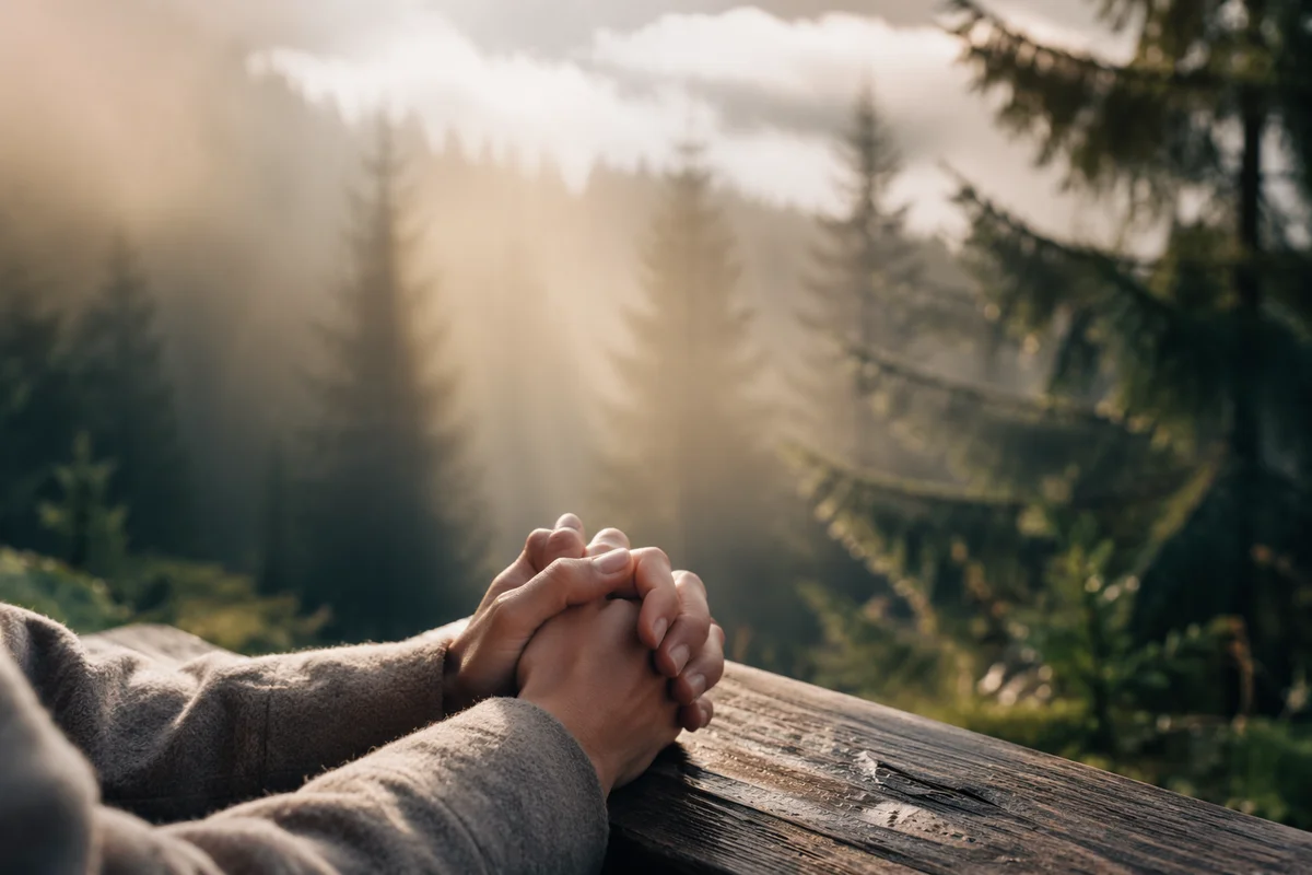Praying Hands in Morning Evergreen Light