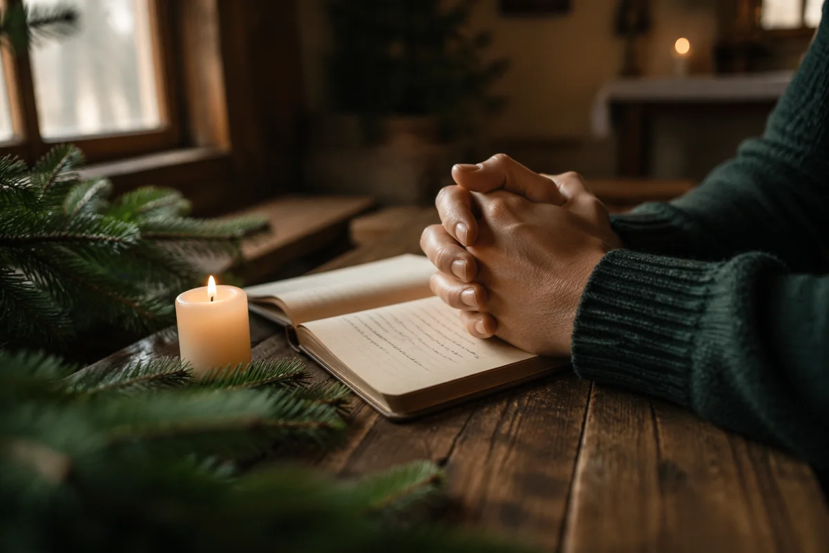 Praying Hands in Soft Evergreen Chapel Light