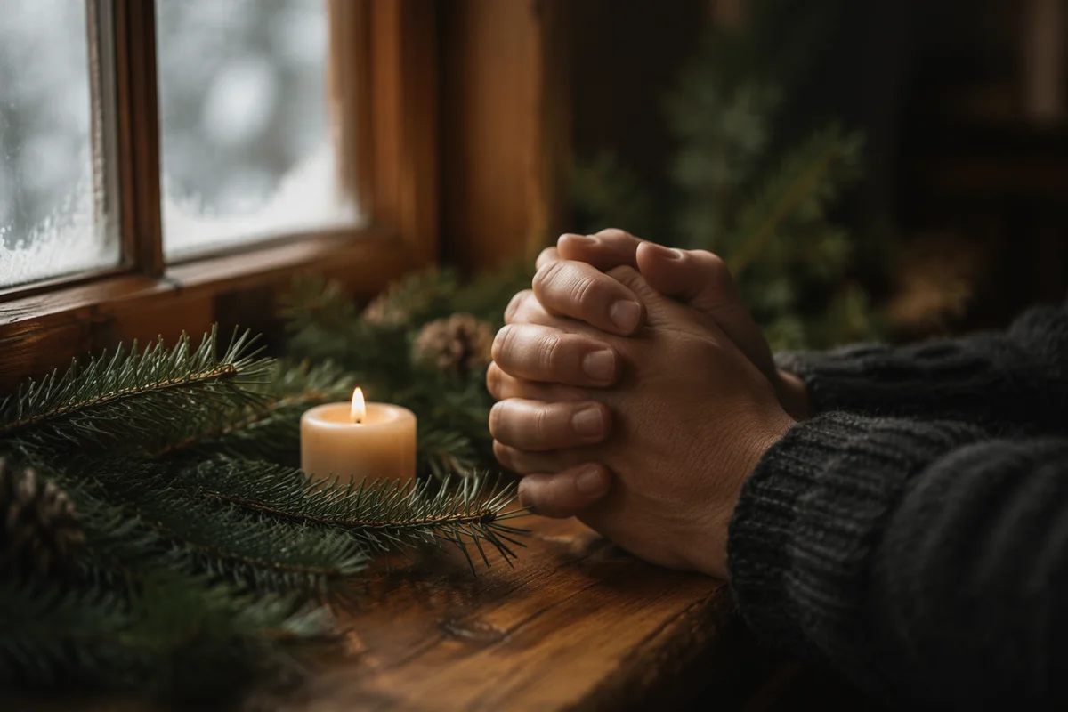 Praying Hands in Soft Evergreen Light