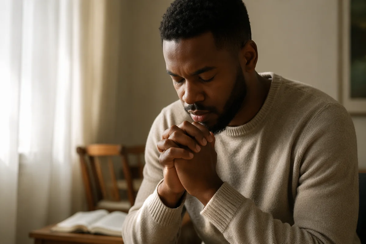 Young Man Praying by Soft Window Light