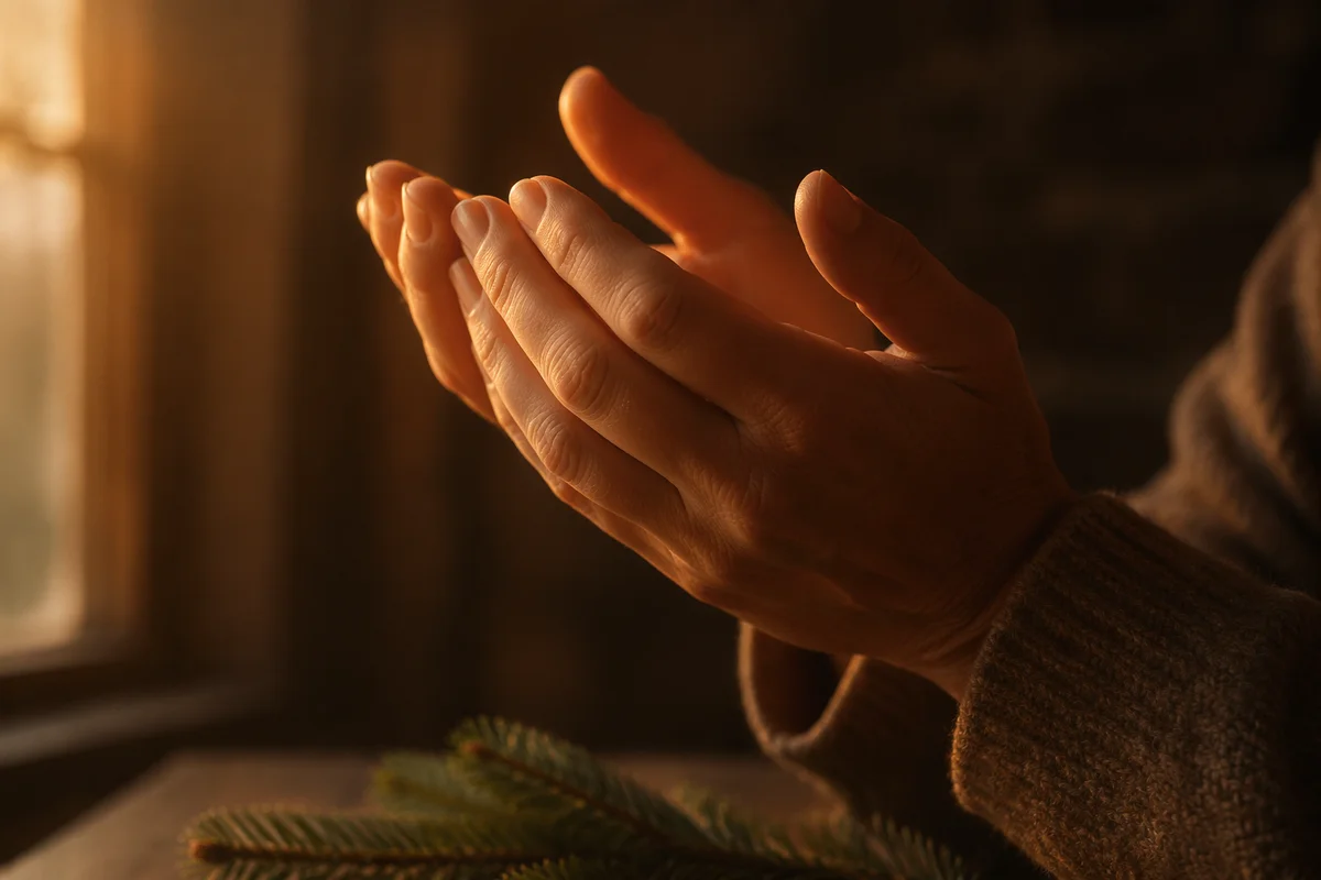 Praying Hands in Warm Evergreen Light