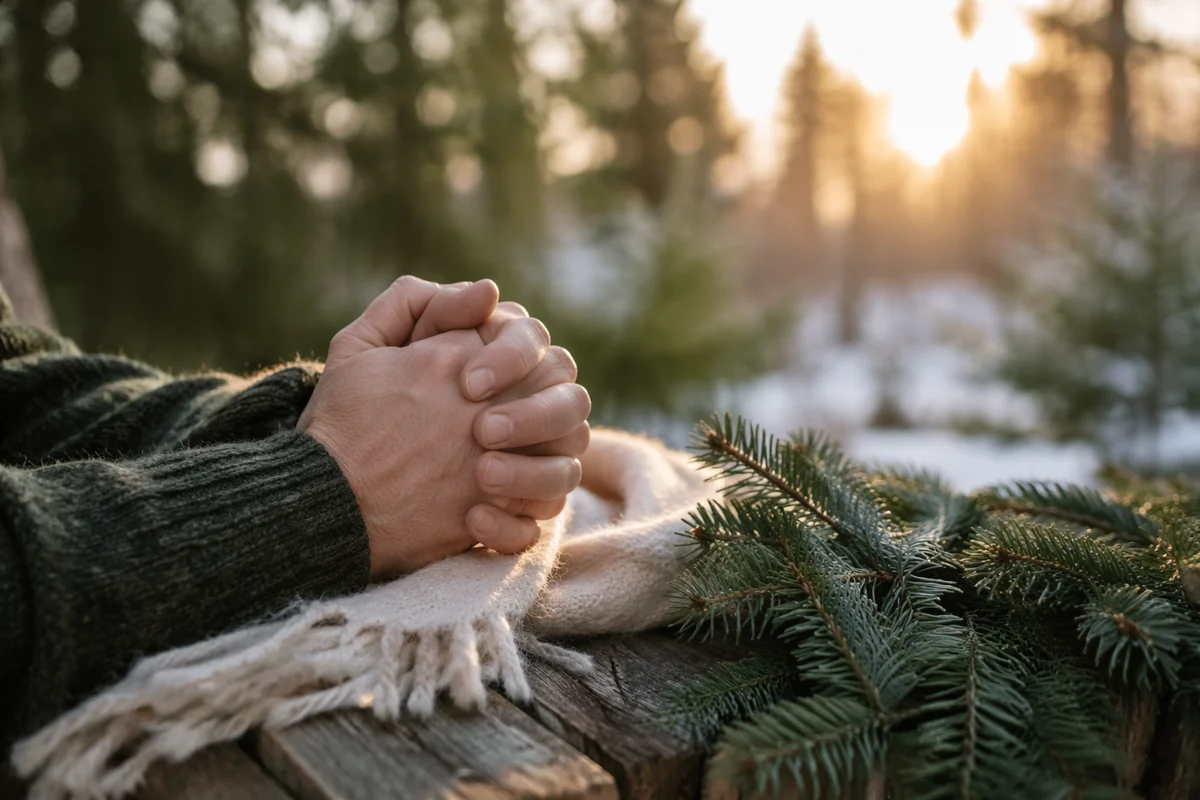 Praying Hands in Soft Evergreen Dawn Light