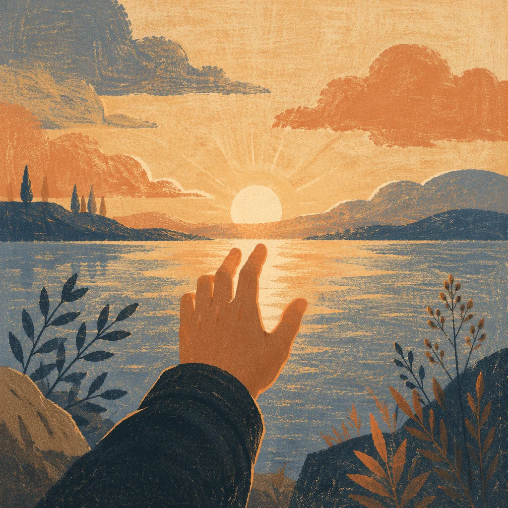 Hand Reaching Toward Sunrise Light