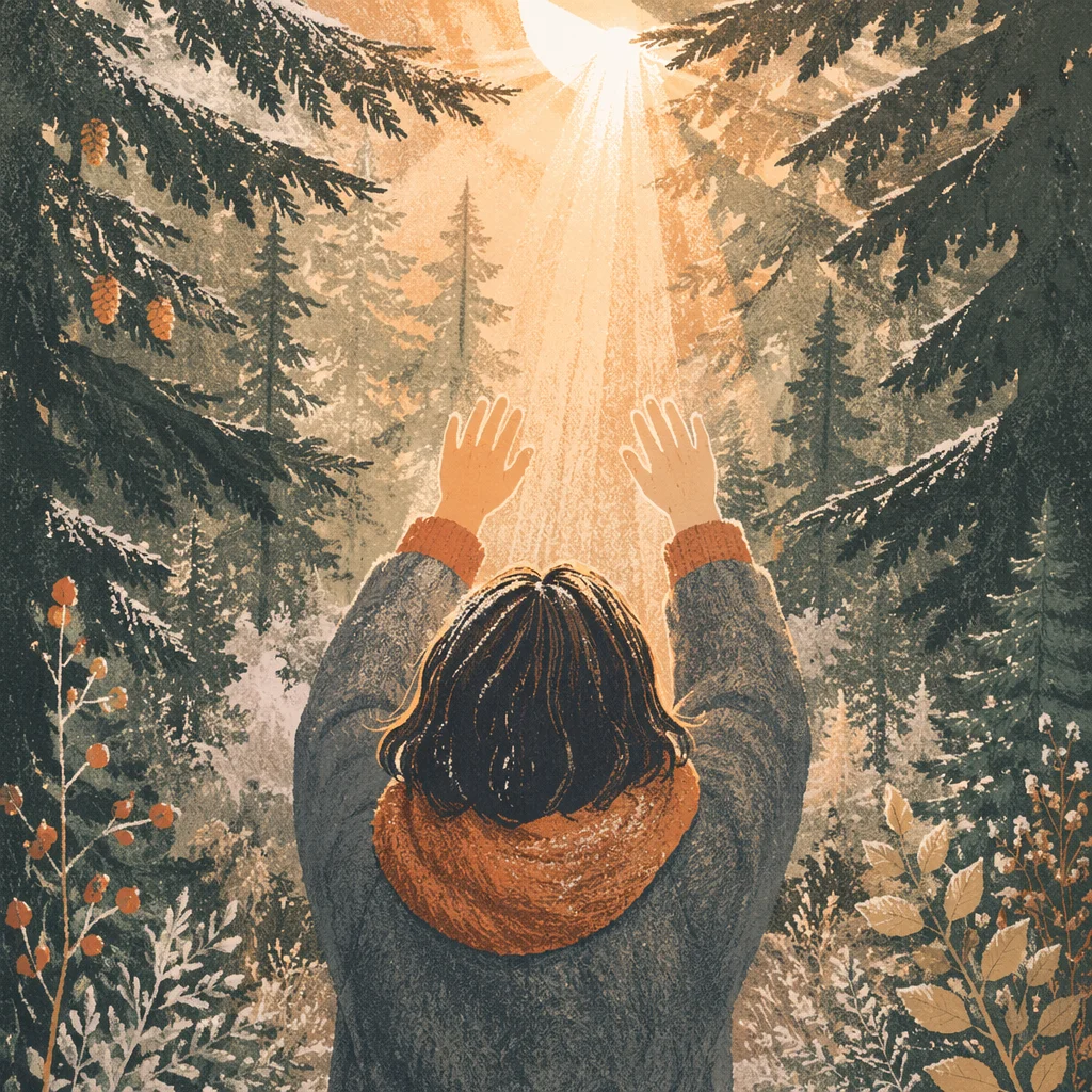 Hands Reaching Toward Evergreen Morning Light