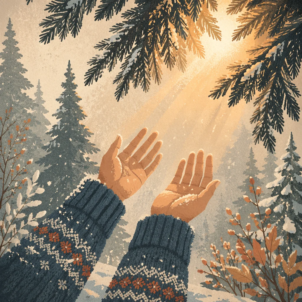 Hands Reaching Toward Golden Forest Light