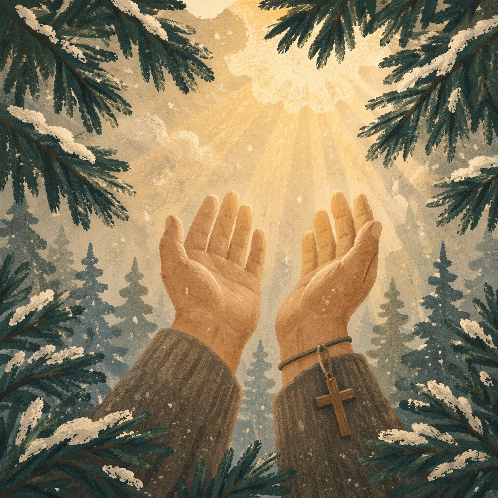 Praying Hands Reaching Toward Evergreen Light