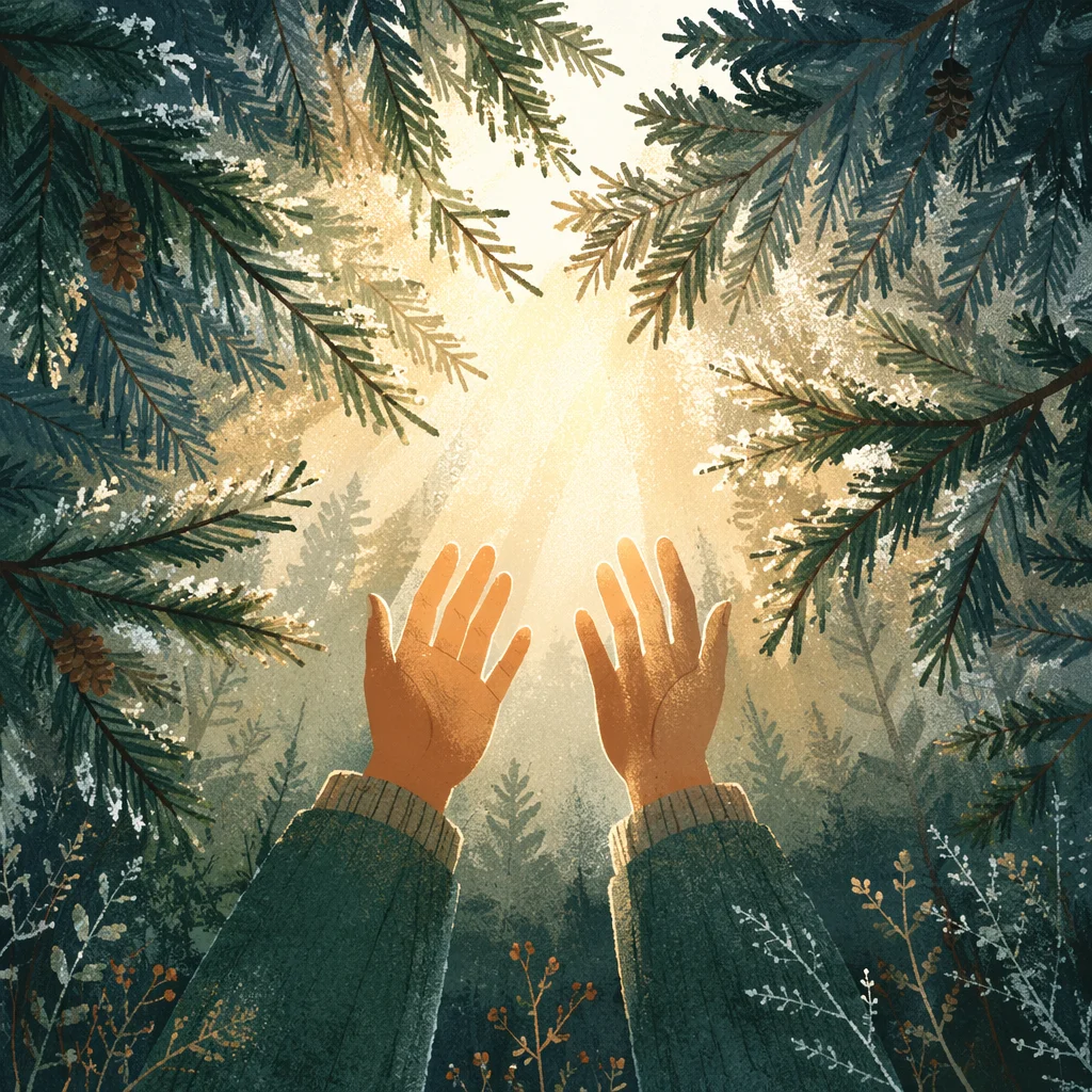 Hands Reaching Through Evergreens Toward Light