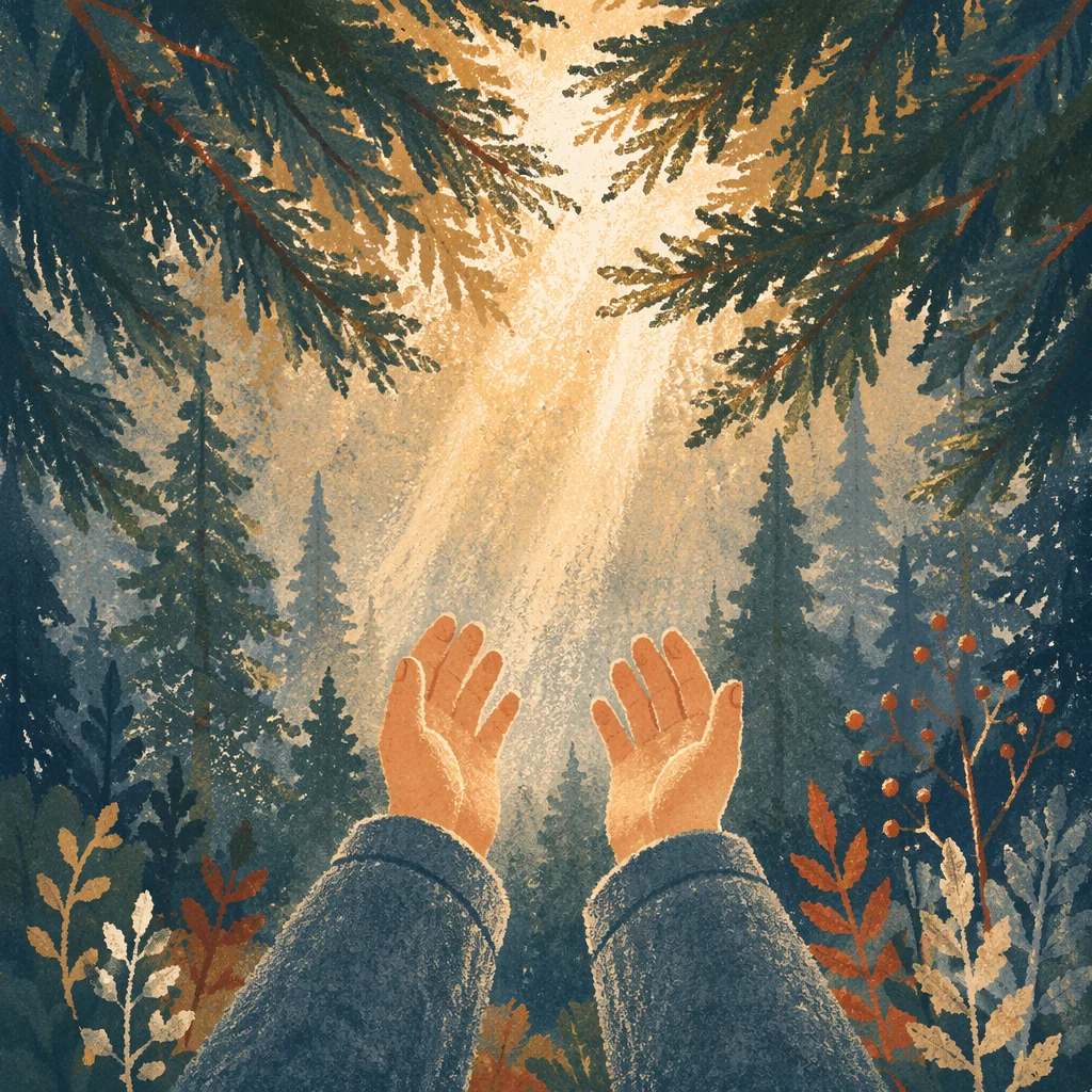 Hands Reaching Toward Evergreen Morning Light
