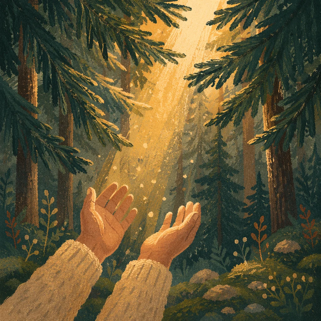 Hands Reaching for Light in Evergreens