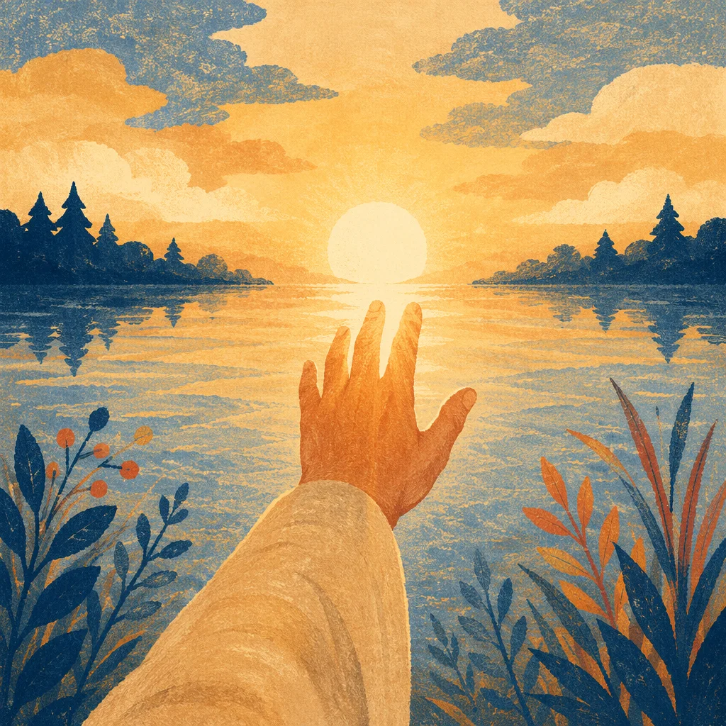 Hand Reaching Toward Golden Horizon Light