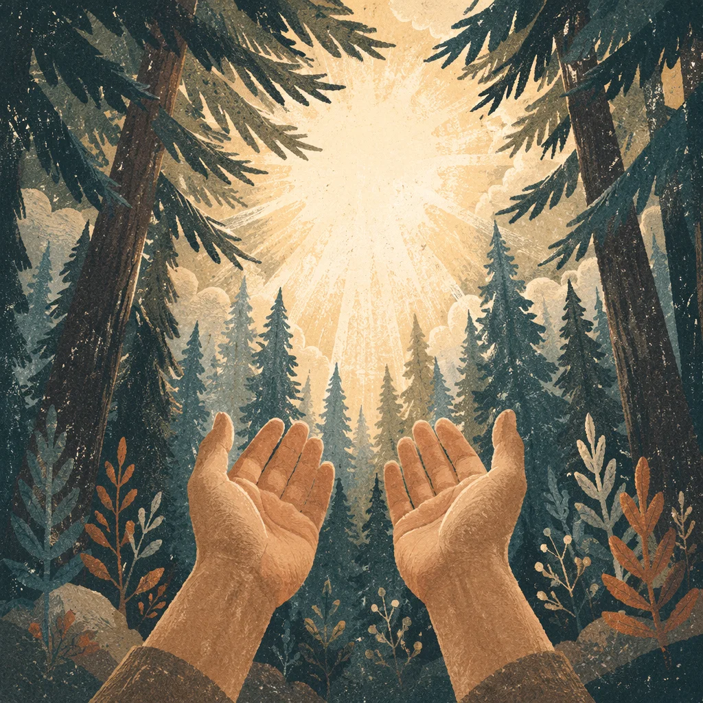 Hands Reaching Toward Light in Evergreen Grove