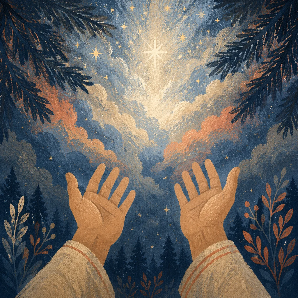 Hands Reaching Toward Celestial Forest Light