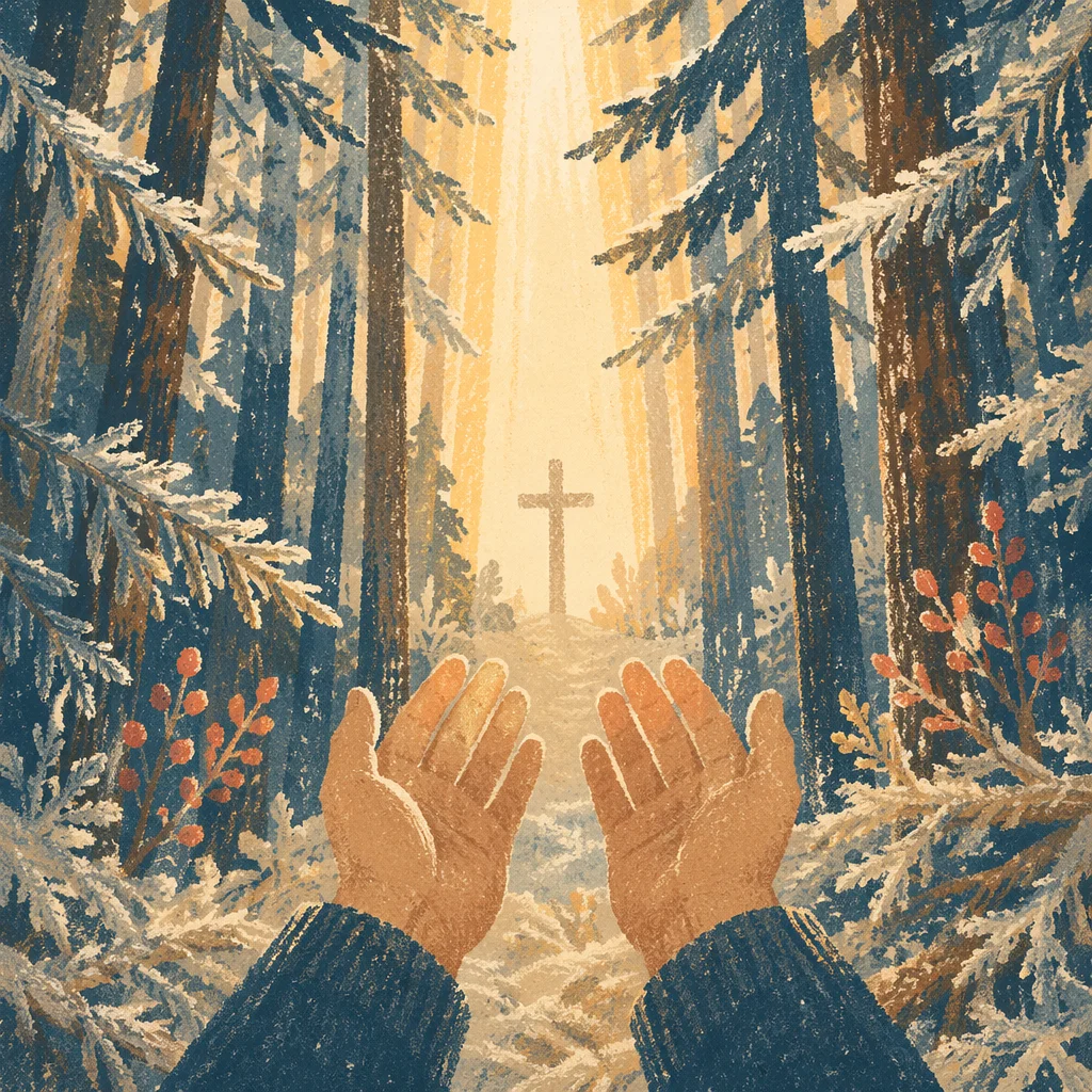 Hands Reaching Toward Winter Forest Light