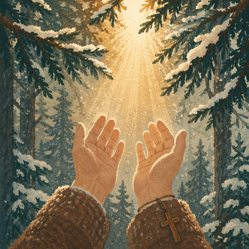 Hands Reaching Toward Evergreen Light