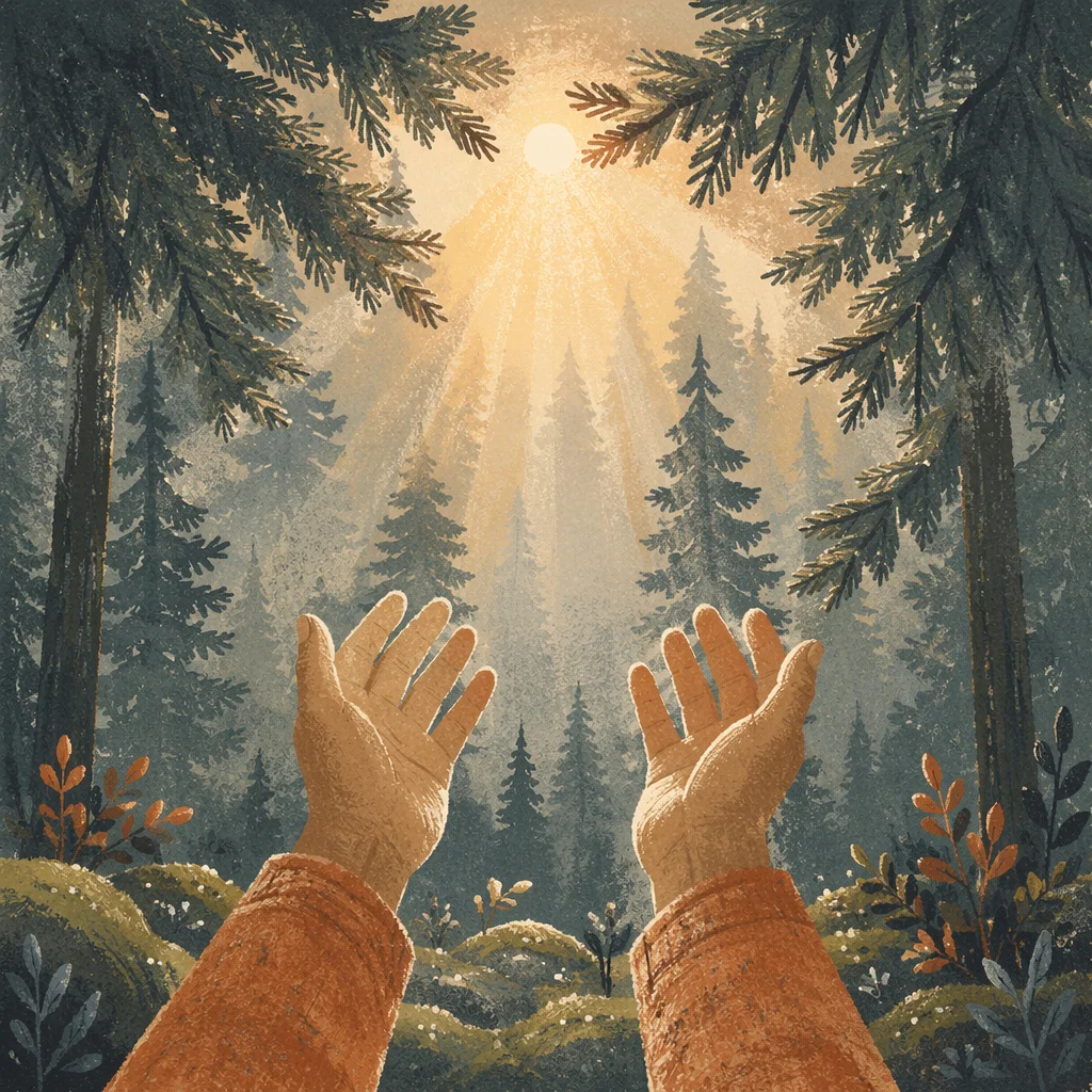 Hands Reaching Toward Sunrise in Evergreen Forest