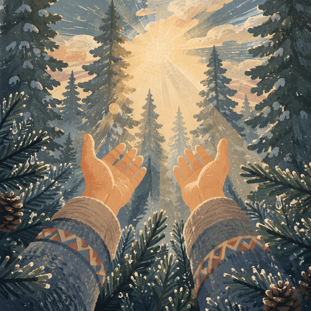 Prayerful Hands Reaching Through Evergreen Light