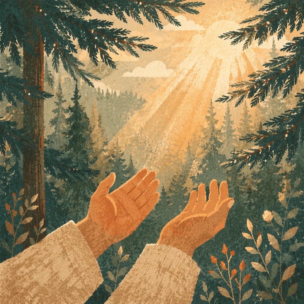 Open Hands Reaching Toward Forest Light