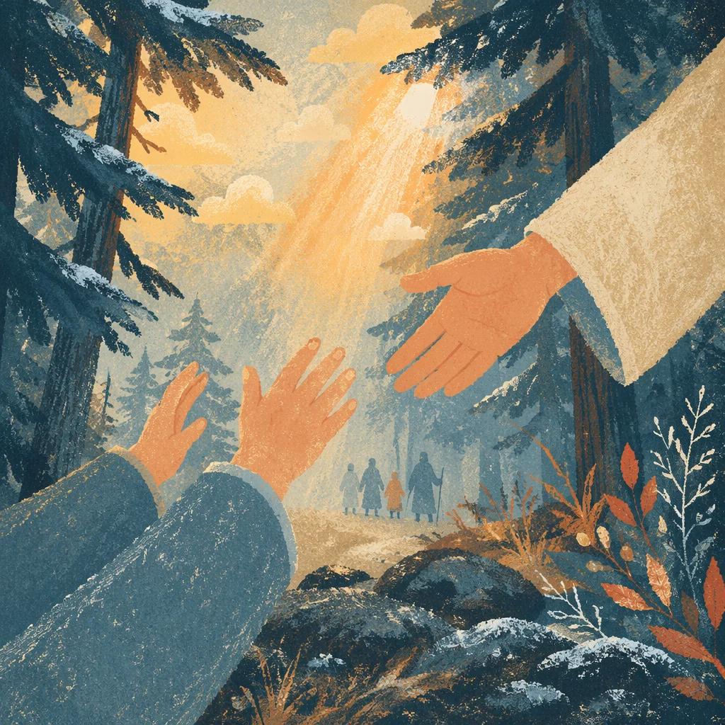Hands Reaching Toward Light in Evergreen Forest