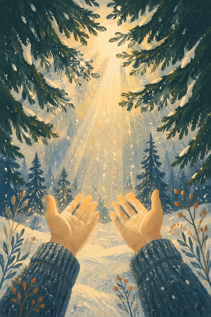 Hands Reaching Toward Winter Forest Light