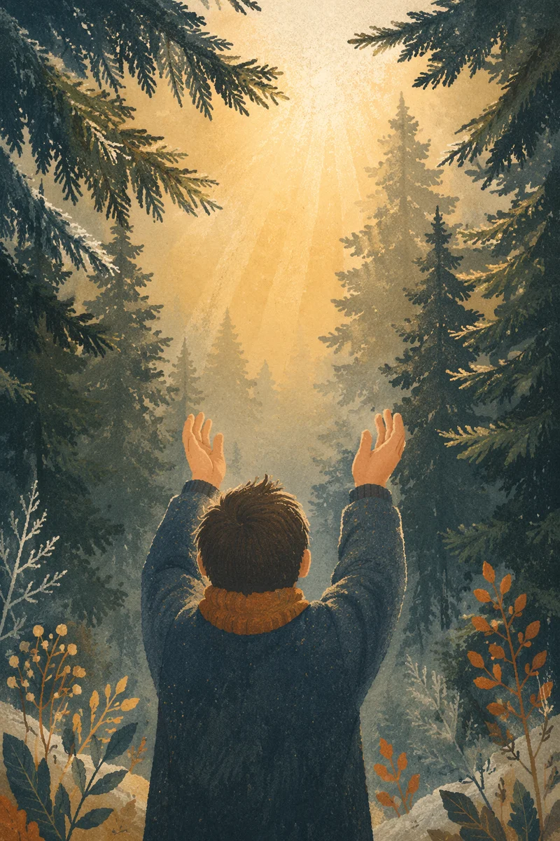 Hands Reaching Toward Golden Forest Light