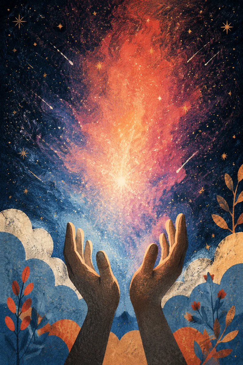 Hands Reaching Toward Celestial Light