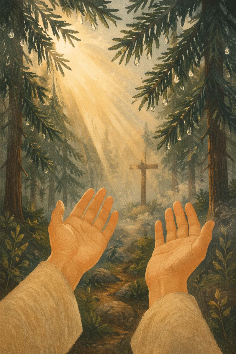 Hands Reaching Toward Morning Light in Forest