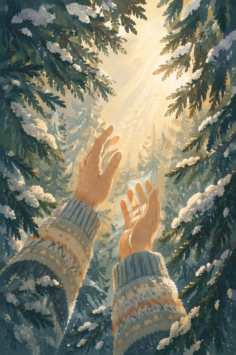 Hands Reaching Toward Evergreen Winter Light