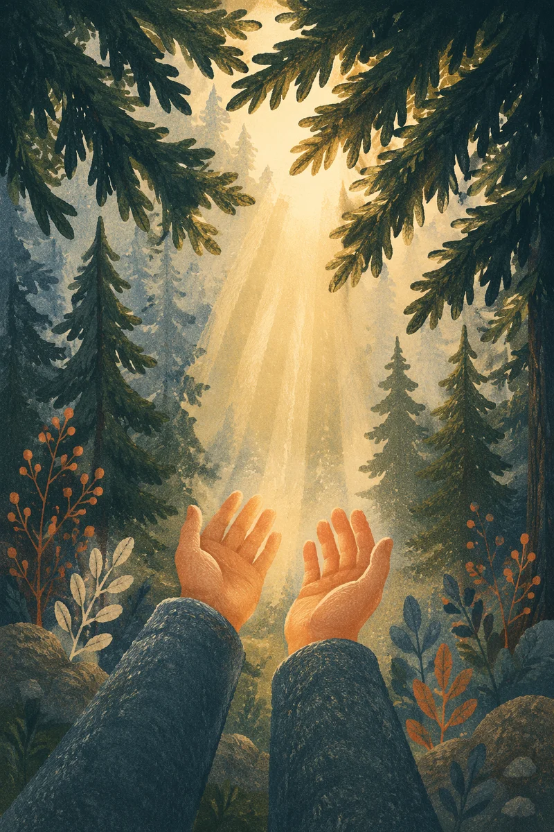 Hands Reaching Toward Evergreen Morning Light